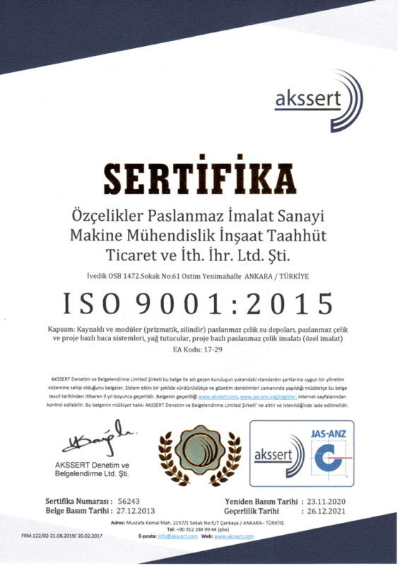 Özçelikler Paslanmaz Sertifika